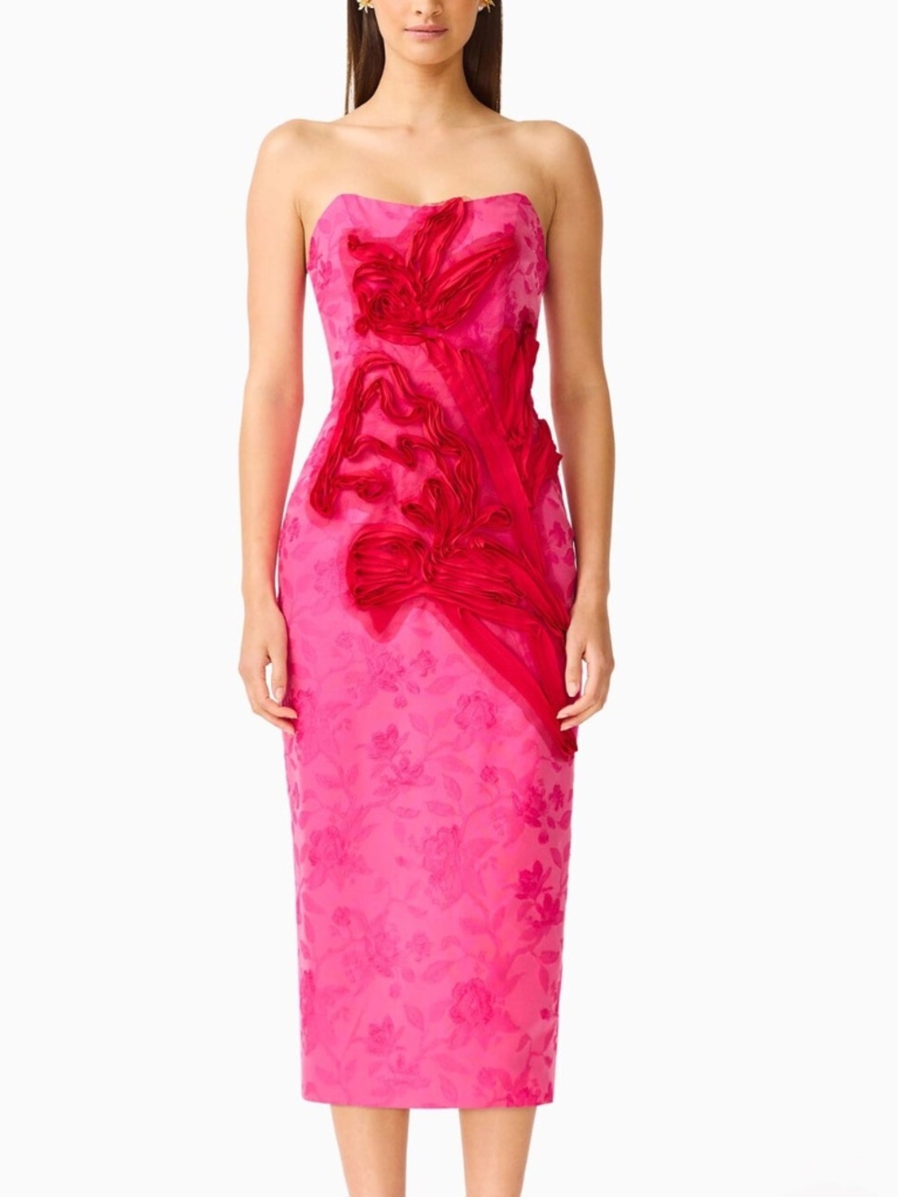 ELLIATT Florentia Pink Red Floral Midi Dress Textured Jacquard - SMALL